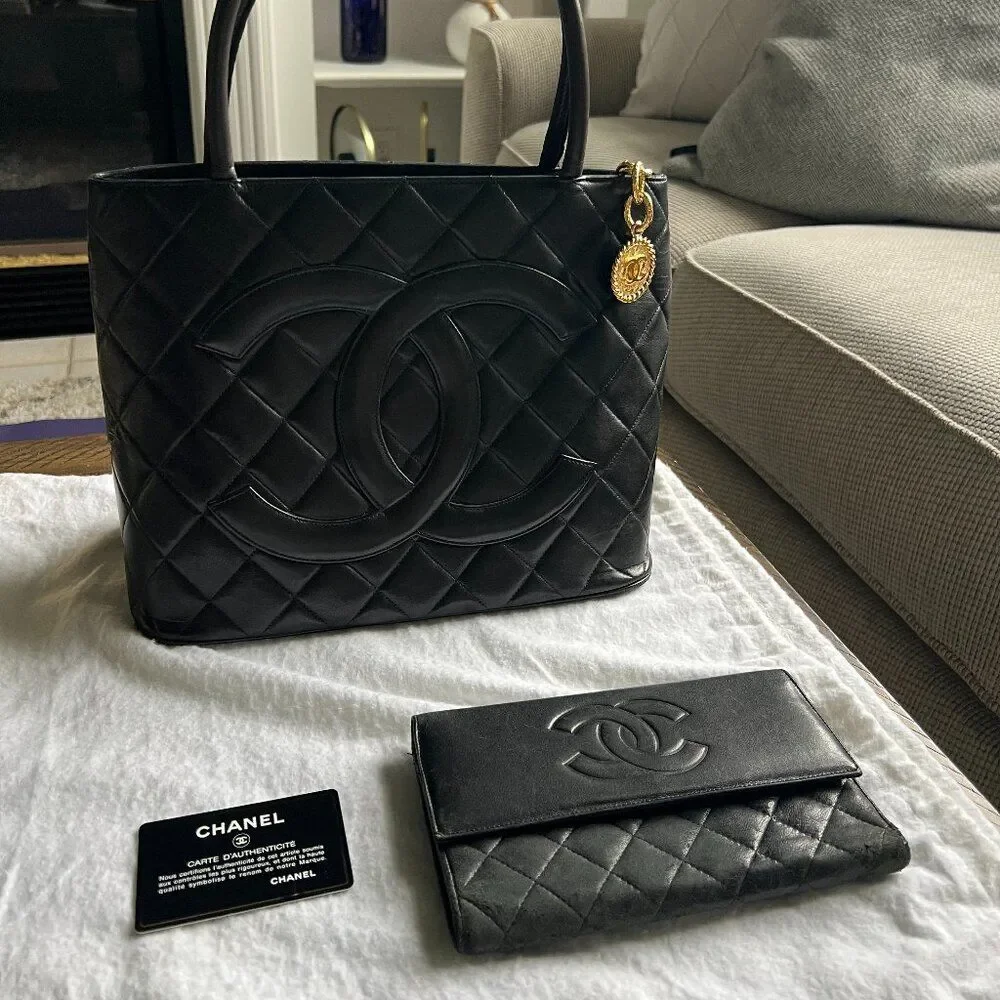 Vintage Chanel Black Quilted Lambskin Medallion Tote and CC Lambskin Flap Wallet